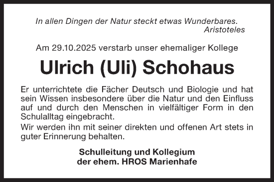 Traueranzeige von Ulrich Schohaus von Ostfriesischer Kurier GmbH