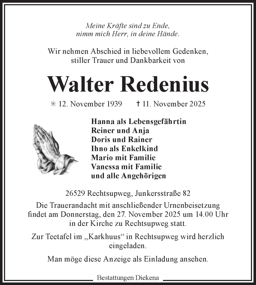  Traueranzeige für Walter Redenius vom 15.11.2025 aus Ostfriesischer Kurier GmbH