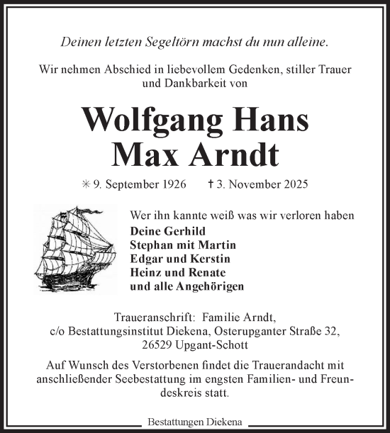 Traueranzeige von Wolfgang Hans Max Arndt von Ostfriesischer Kurier GmbH