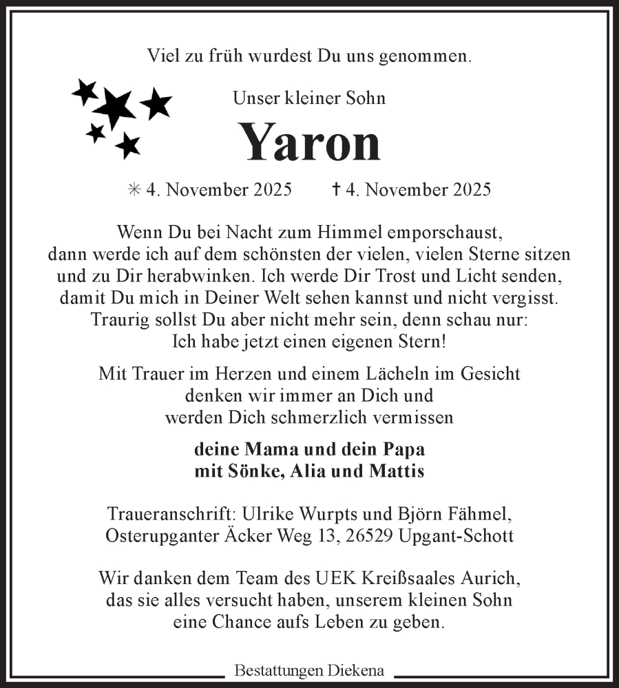  Traueranzeige für Yaron  vom 15.11.2025 aus Ostfriesischer Kurier GmbH