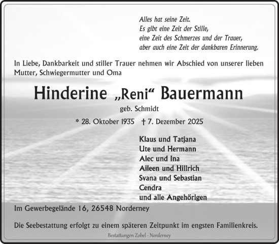 Traueranzeige von Hinderine Bauermann von Ostfriesischer Kurier GmbH