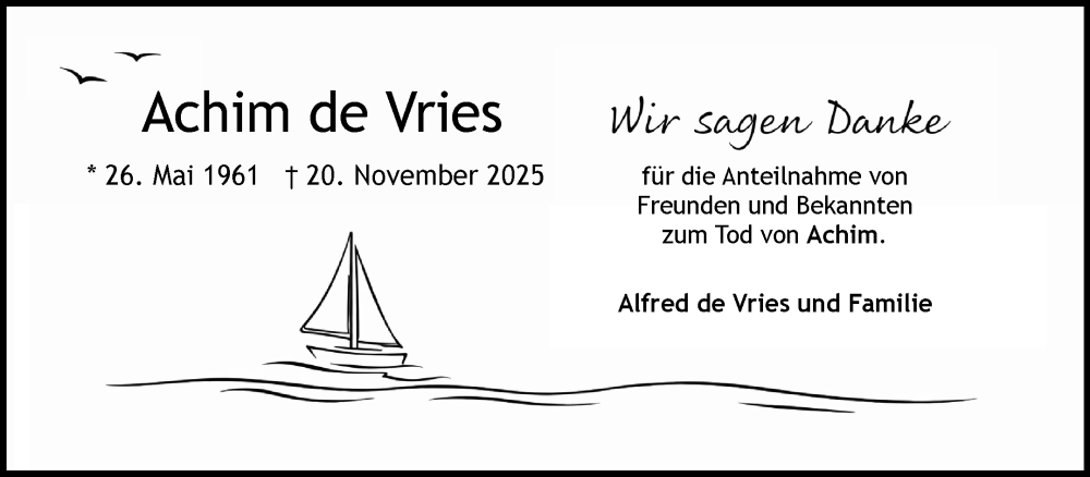  Traueranzeige für Achim de Vries vom 20.12.2025 aus Ostfriesischer Kurier GmbH