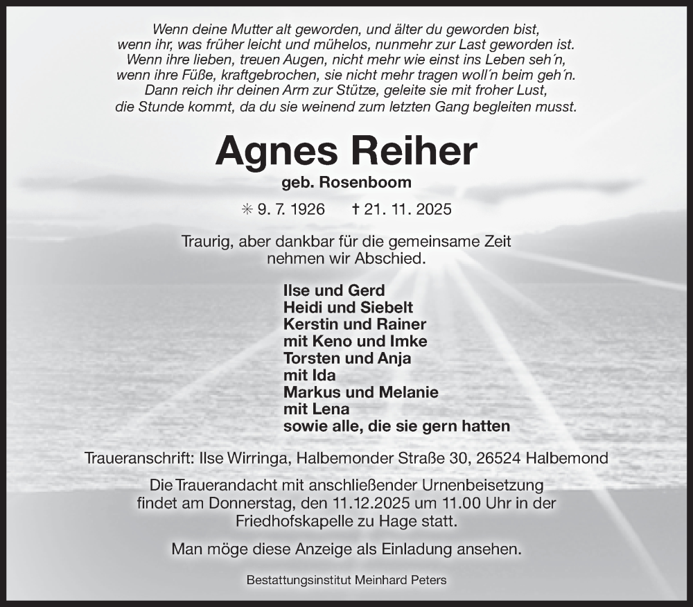  Traueranzeige für Agnes Reiher vom 06.12.2025 aus Ostfriesischer Kurier GmbH
