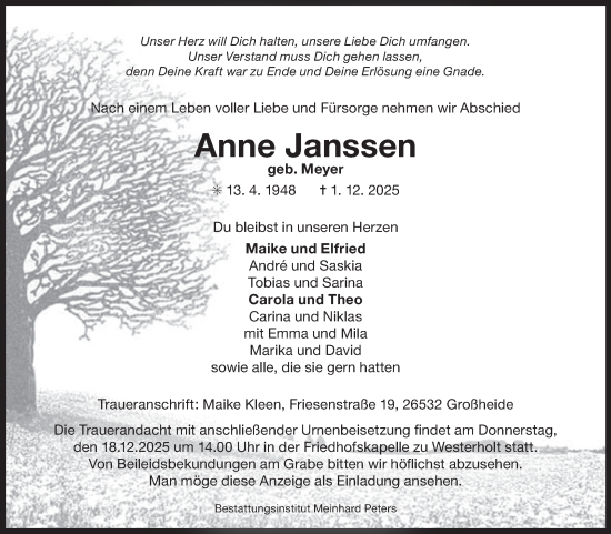 Traueranzeige von Anne Janssen von Ostfriesischer Kurier GmbH