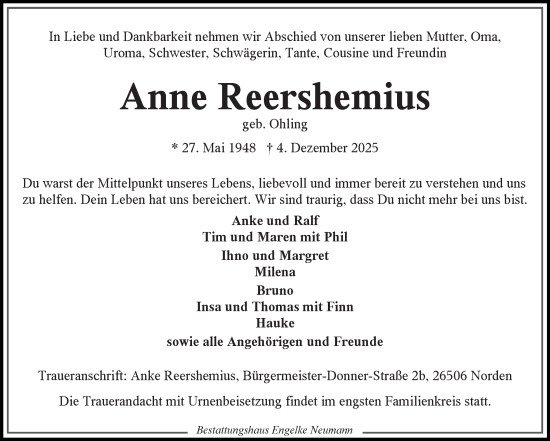 Traueranzeige von Anne Reershemius von Ostfriesischer Kurier GmbH