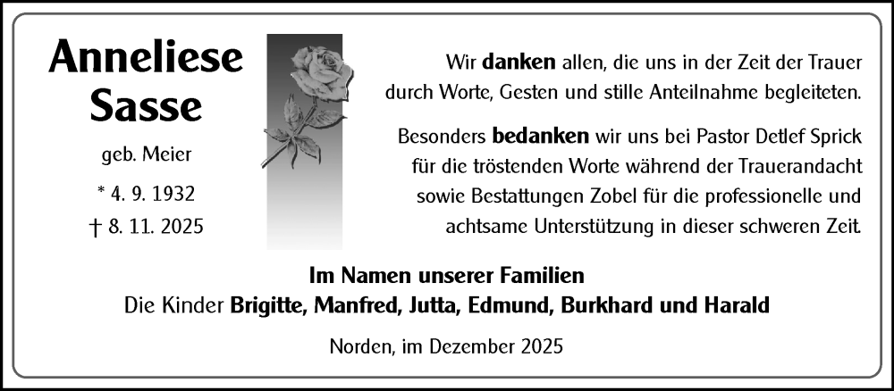  Traueranzeige für Anneliese Sasse vom 20.12.2025 aus Ostfriesischer Kurier GmbH