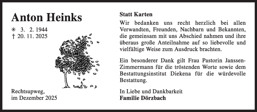  Traueranzeige für Anton Heinks vom 20.12.2025 aus Ostfriesischer Kurier GmbH