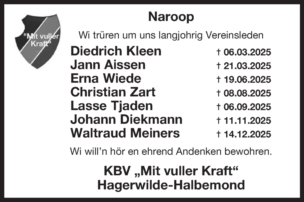  Traueranzeige für Diedrich Kleen vom 31.12.2025 aus Ostfriesischer Kurier GmbH