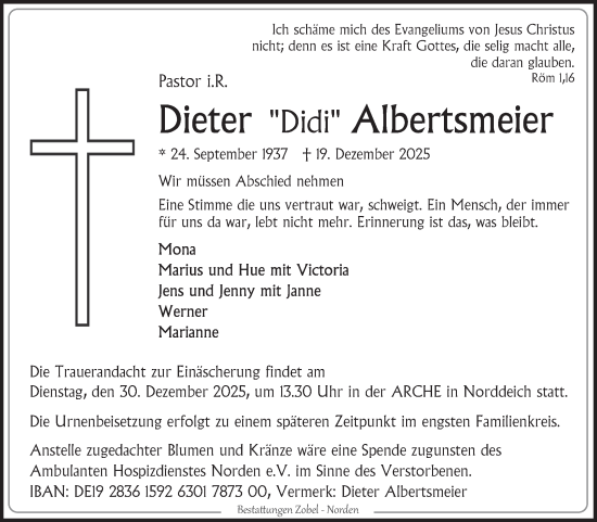 Traueranzeige von Dieter Albertsmeier von Ostfriesischer Kurier GmbH