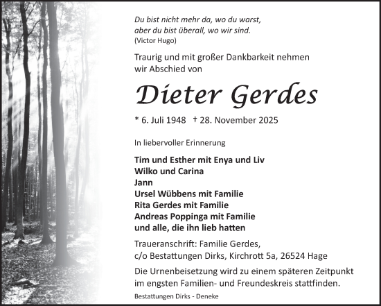 Traueranzeige von Dieter Gerdes von Ostfriesischer Kurier GmbH