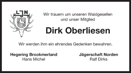 Traueranzeige von Dirk Oberliesen von Ostfriesischer Kurier GmbH