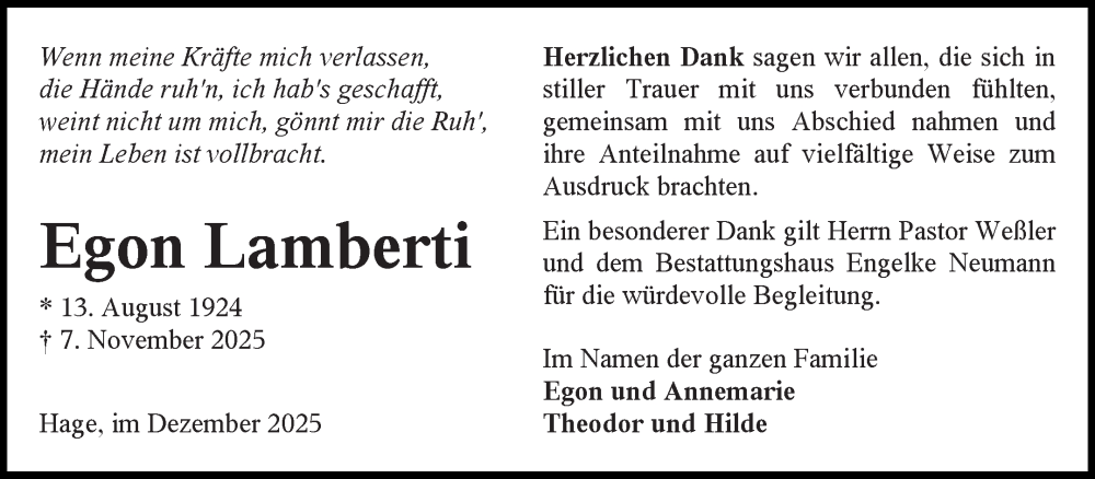 Traueranzeige für Egon Lamberti vom 13.12.2025 aus Ostfriesischer Kurier GmbH