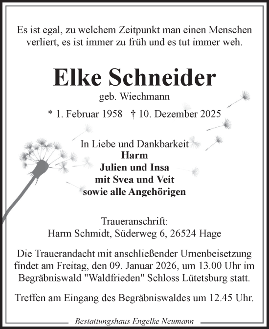 Traueranzeige von Elke Schneider von Ostfriesischer Kurier GmbH