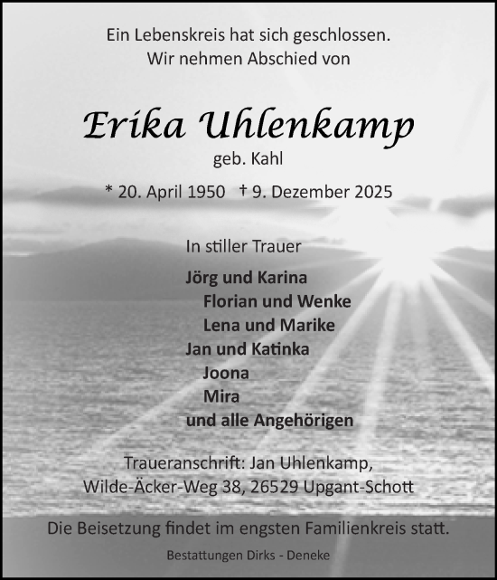 Traueranzeige von Erika Uhlenkamp von Ostfriesischer Kurier GmbH