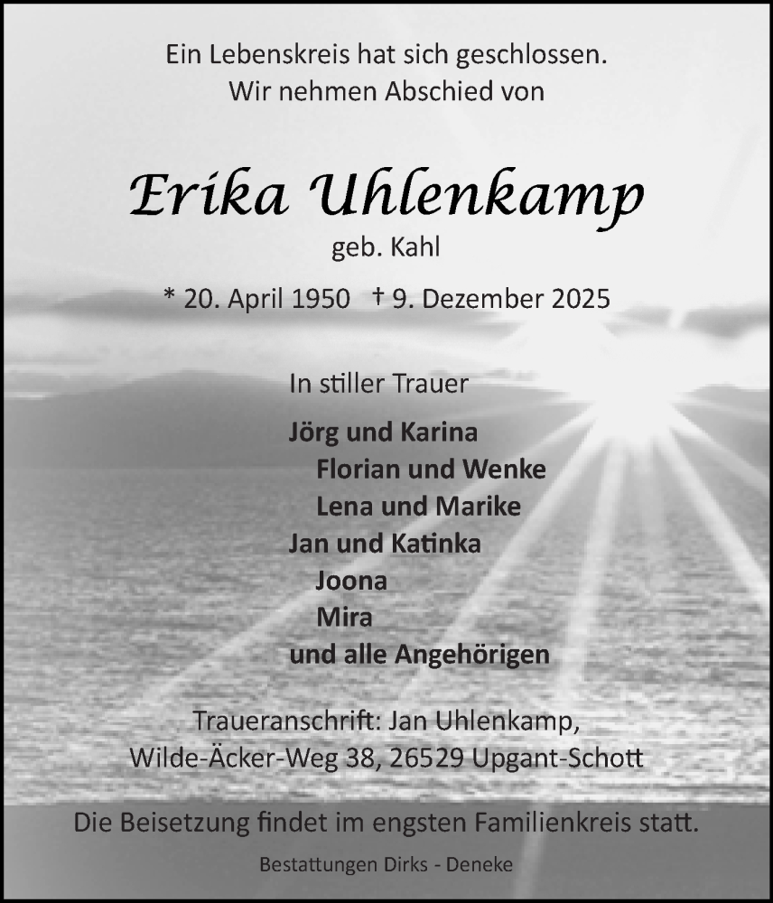  Traueranzeige für Erika Uhlenkamp vom 13.12.2025 aus Ostfriesischer Kurier GmbH