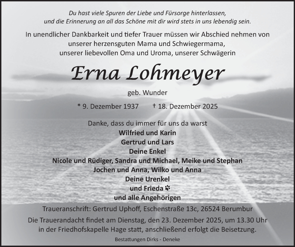  Traueranzeige für Erna Lohmeyer vom 20.12.2025 aus Ostfriesischer Kurier GmbH