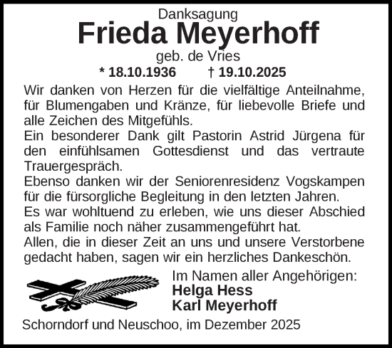 Traueranzeige von Frieda Meyerhoff von Ostfriesischer Kurier GmbH