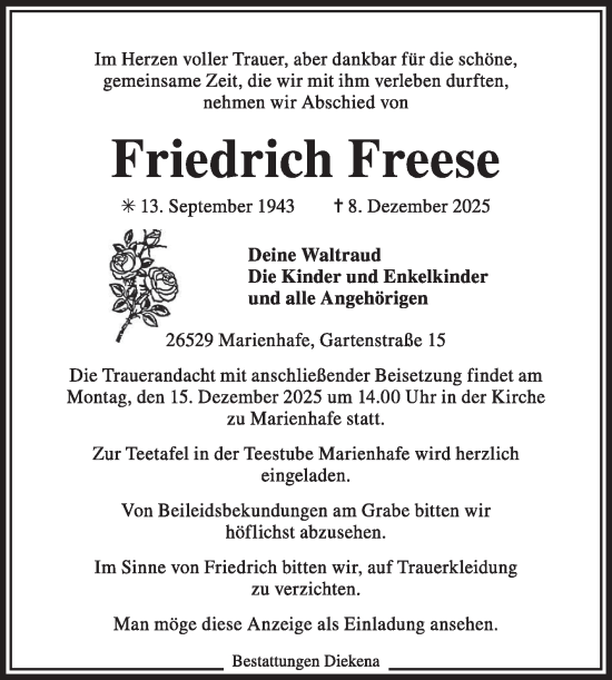 Traueranzeige von Friedrich Freese von Ostfriesischer Kurier GmbH