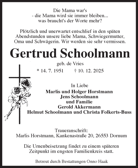 Traueranzeige von Gertrud Schoolmann von Ostfriesischer Kurier GmbH