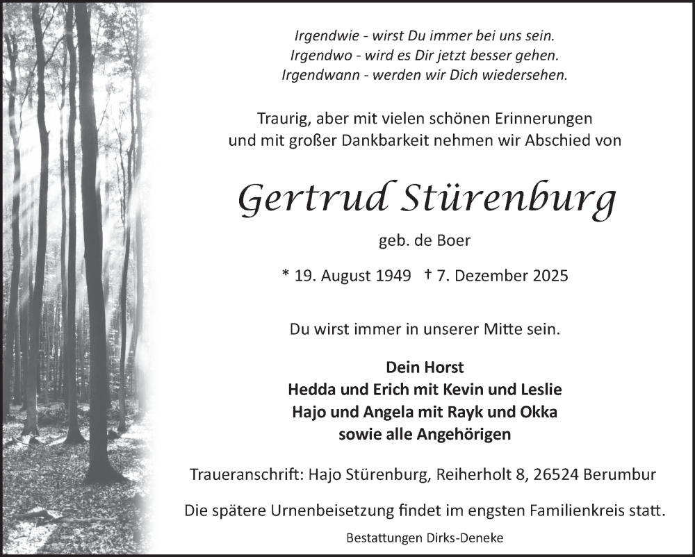  Traueranzeige für Gertrud Stürenburg vom 13.12.2025 aus Ostfriesischer Kurier GmbH