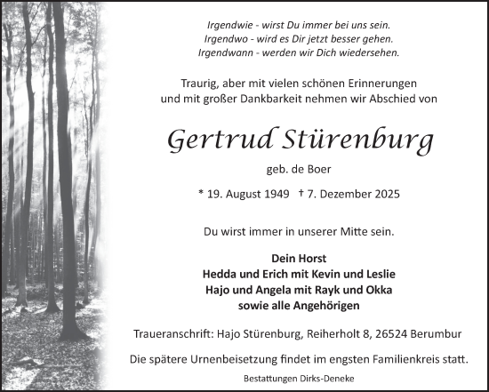 Traueranzeige von Gertrud Stürenburg von Ostfriesischer Kurier GmbH