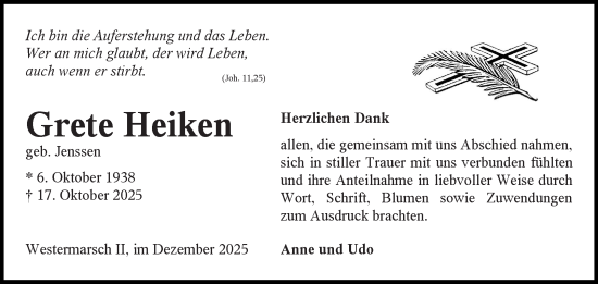 Traueranzeige von Grete Heiken von Ostfriesischer Kurier GmbH