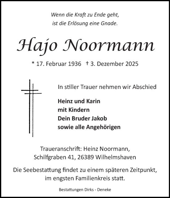 Traueranzeige von Hajo Noormann von Ostfriesischer Kurier GmbH