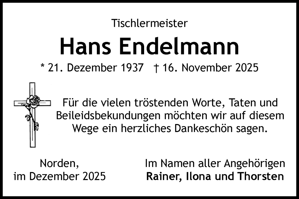  Traueranzeige für Hans Endelmann vom 20.12.2025 aus Ostfriesischer Kurier GmbH