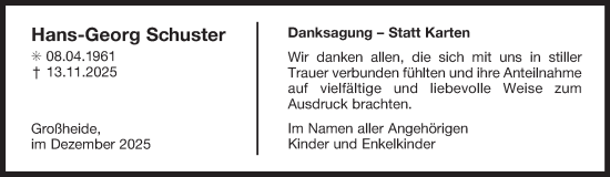 Traueranzeige von Hans-Georg Schuster von Ostfriesischer Kurier GmbH