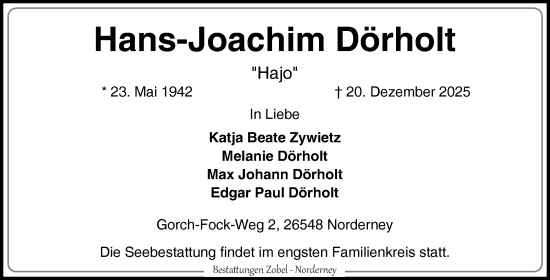 Traueranzeige von Hans-Joachim Dörholt von Ostfriesischer Kurier GmbH