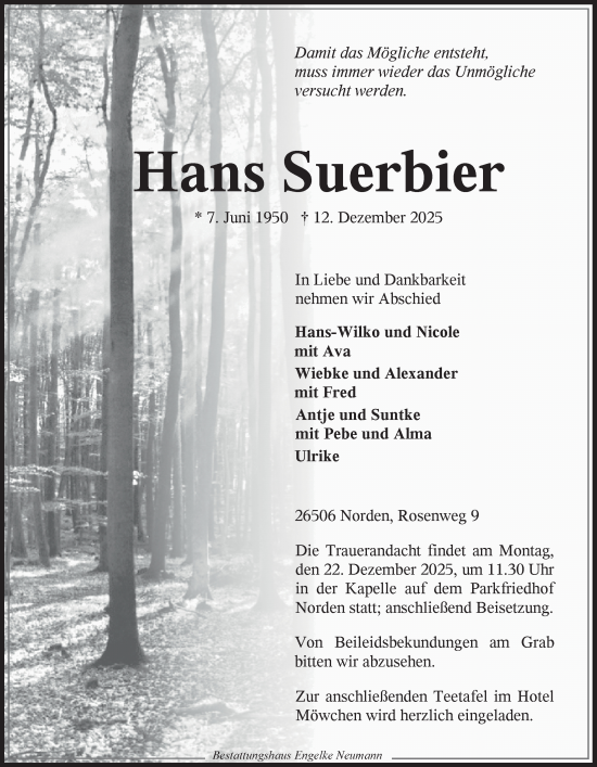 Traueranzeige von Hans Suerbier von Ostfriesischer Kurier GmbH