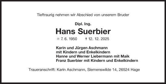 Traueranzeige von Hans Suerbier von Ostfriesischer Kurier GmbH