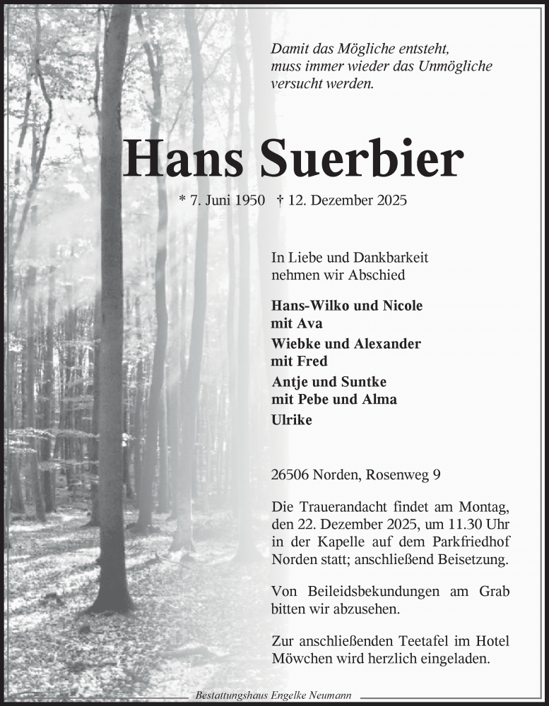  Traueranzeige für Hans Suerbier vom 15.12.2025 aus Ostfriesischer Kurier GmbH