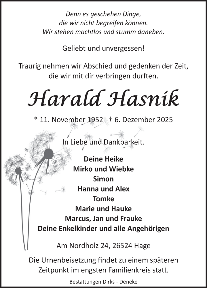  Traueranzeige für Harald Hasnik vom 13.12.2025 aus Ostfriesischer Kurier GmbH
