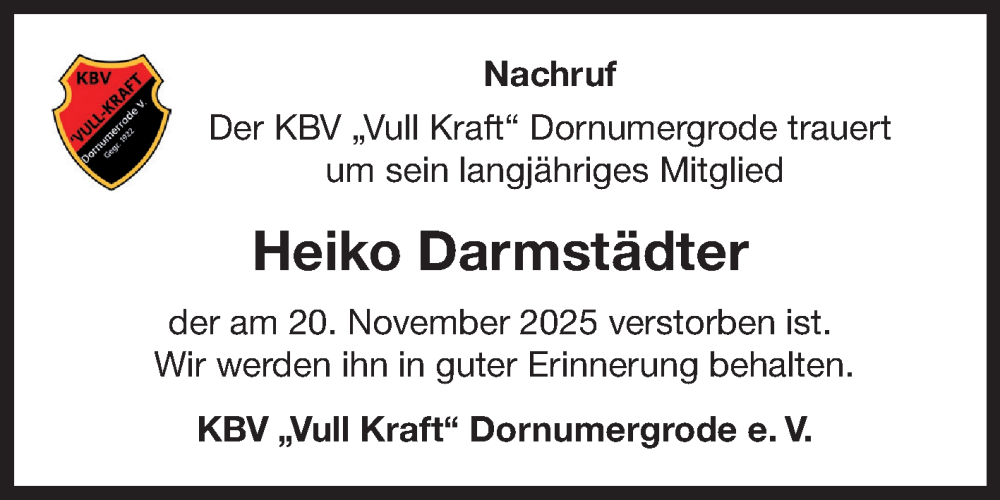  Traueranzeige für Heiko Darmstädter vom 20.12.2025 aus Ostfriesischer Kurier GmbH