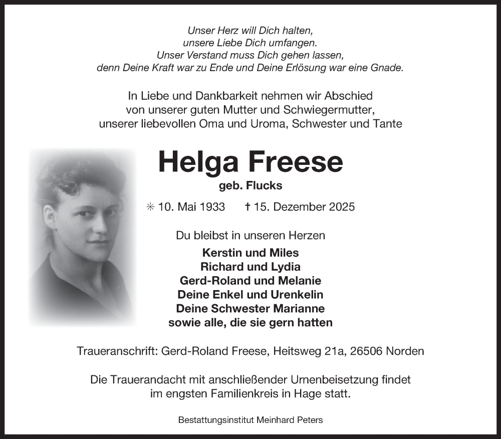  Traueranzeige für Helga Freese vom 20.12.2025 aus Ostfriesischer Kurier GmbH