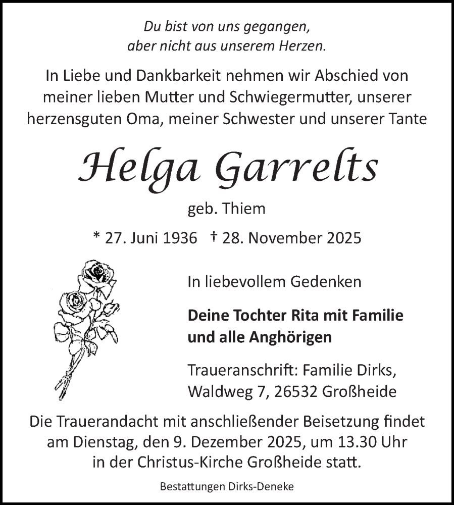  Traueranzeige für Helga Garrelts vom 03.12.2025 aus Ostfriesischer Kurier GmbH