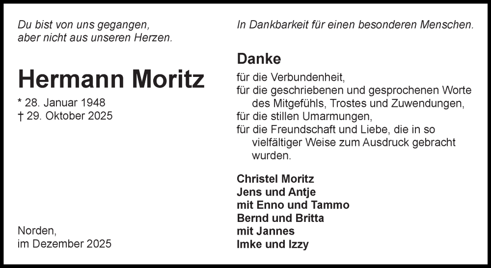  Traueranzeige für Hermann Moritz vom 06.12.2025 aus Ostfriesischer Kurier GmbH
