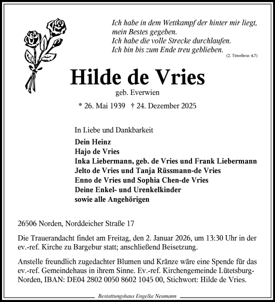 Traueranzeige von Hilde de Vries von Ostfriesischer Kurier GmbH