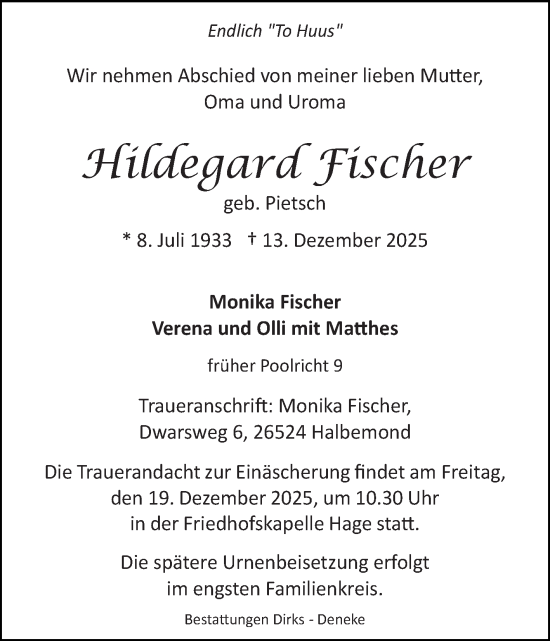 Traueranzeige von Hildegard Fischer von Ostfriesischer Kurier GmbH