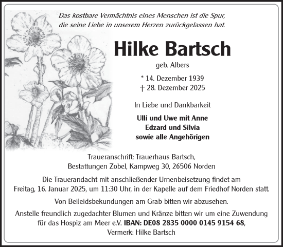 Traueranzeige von Hilke Bartsch von Ostfriesischer Kurier GmbH