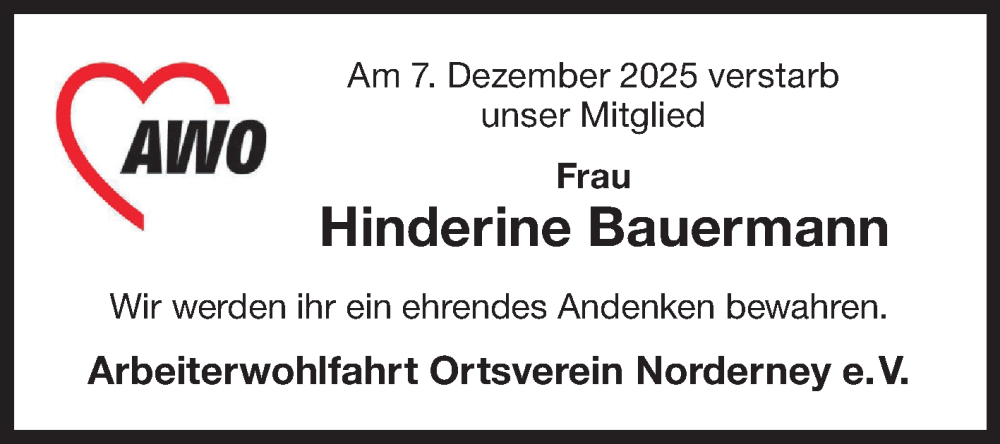  Traueranzeige für Hinderine Bauermann vom 12.12.2025 aus Ostfriesischer Kurier GmbH
