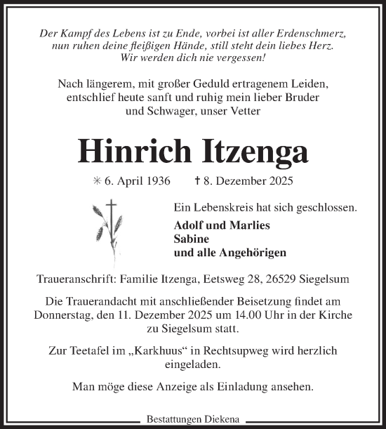 Traueranzeige von Hinrich Itzenga von Ostfriesischer Kurier GmbH