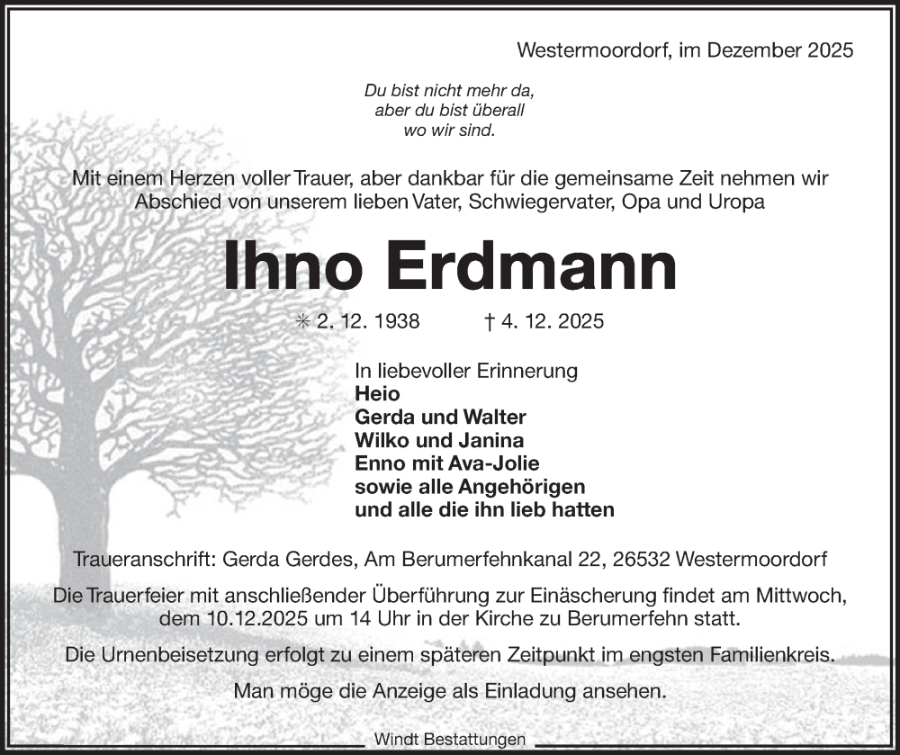  Traueranzeige für Ihno Erdmann vom 06.12.2025 aus Ostfriesischer Kurier GmbH