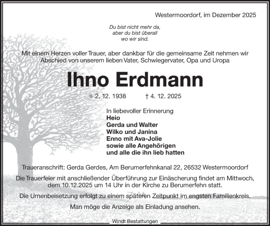Traueranzeige von Ihno Erdmann von Ostfriesischer Kurier GmbH