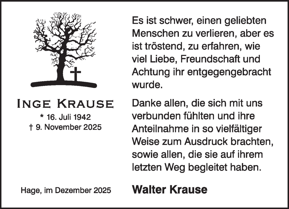  Traueranzeige für Inge Krause vom 27.12.2025 aus Ostfriesischer Kurier GmbH