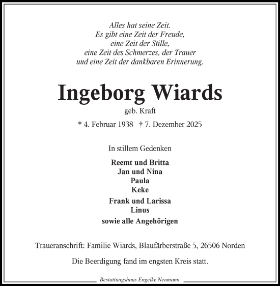 Traueranzeige von Ingeborg Wiards von Ostfriesischer Kurier GmbH