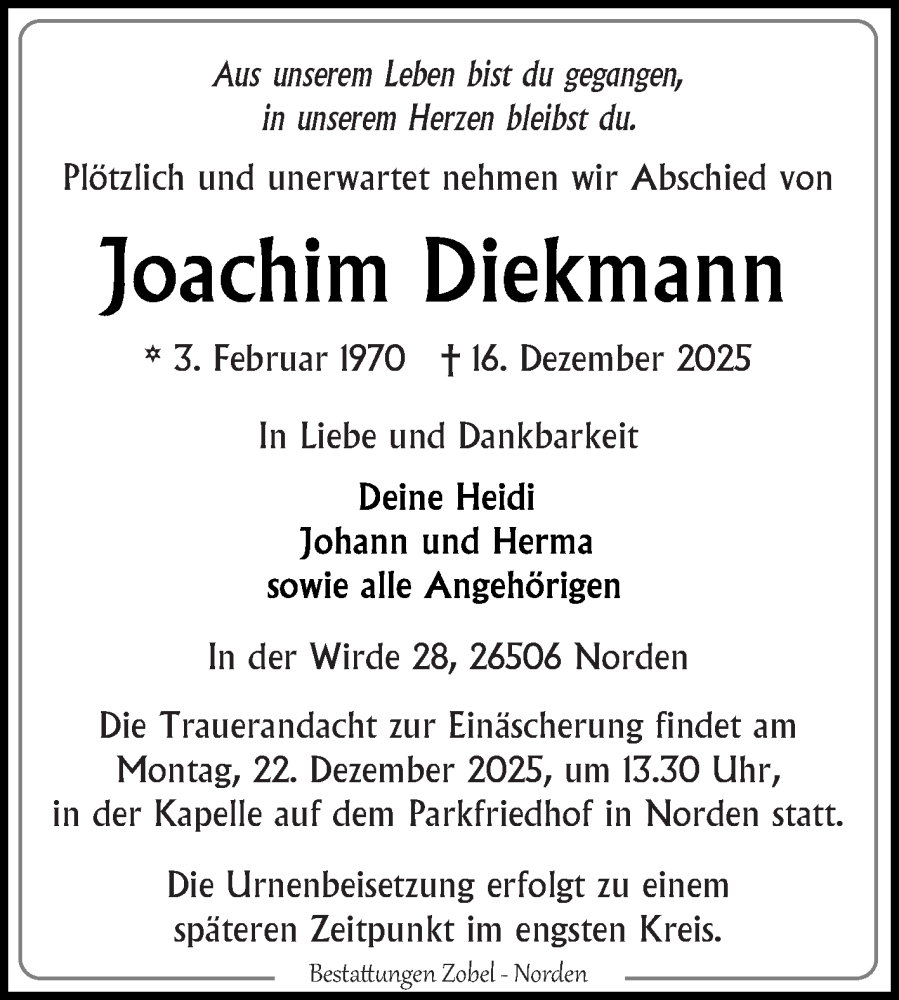  Traueranzeige für Joachim Diekmann vom 20.12.2025 aus Ostfriesischer Kurier GmbH