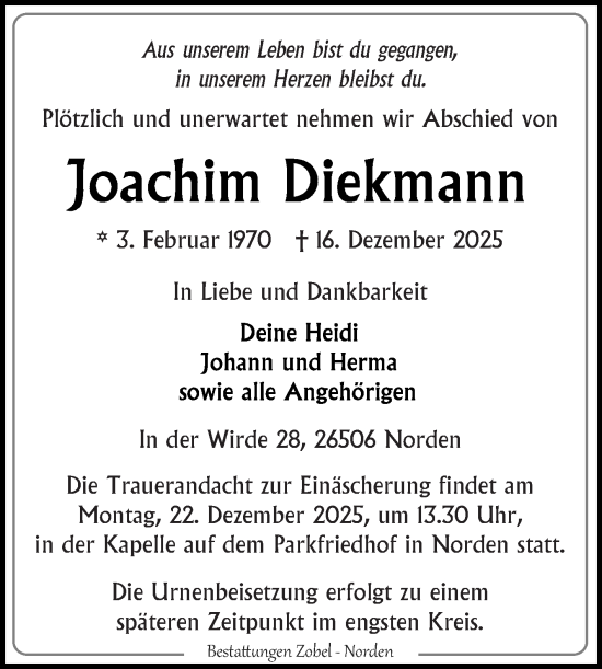 Traueranzeige von Joachim Diekmann von Ostfriesischer Kurier GmbH