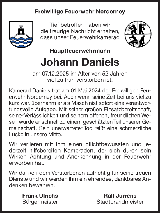 Traueranzeige von Johann Daniels von Ostfriesischer Kurier GmbH